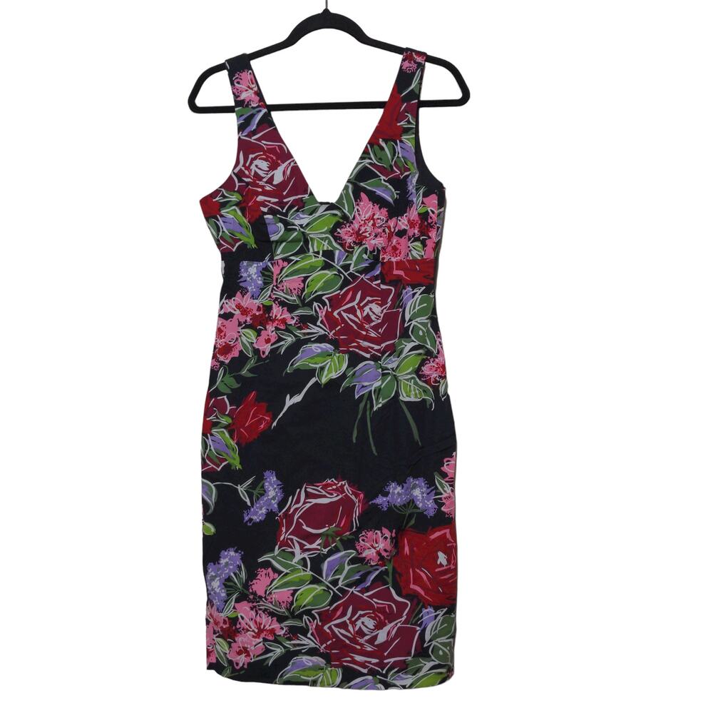 Nicole Miller Womens Sheath Dress Black Knee Length Floral V Neck Sleeveless 10